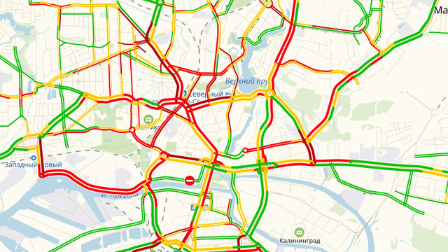Во вторник вечером центр Калининграда встал в десятибалльных пробках