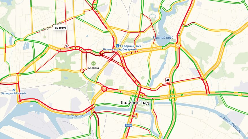 Центр Калининграда встал в пробках из-за перекрытия части Гвардейского проспекта - Новости Калининграда | Скриншот сервиса &quot;Яндекс.Пробки&quot;