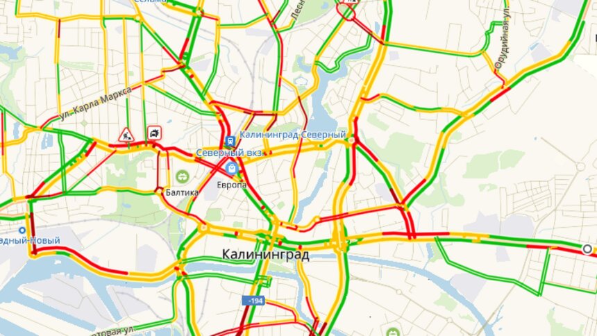 ДТП и неработающий светофор: Калининград встал в девятибалльных пробках - Новости Калининграда | Скриншот страницы &quot;Яндекс.Пробки&quot;