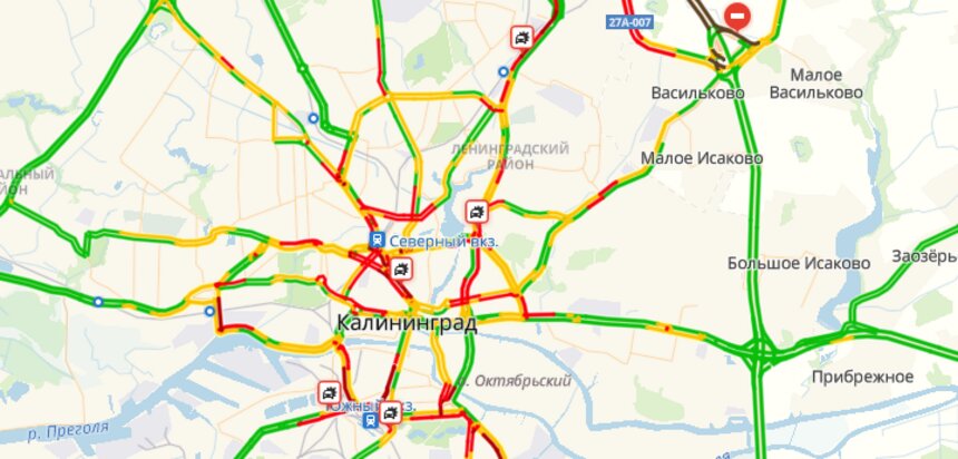 Час пик и пять ДТП: Калининград встал в восьмибалльных заторах - Новости Калининграда | Скриншот страницы сервиса &quot;Яндекс. Пробки&quot;
