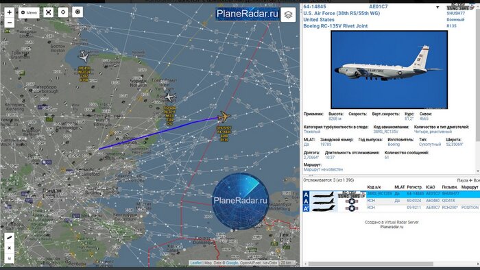 У границ Калининградской области заметили американский самолёт-разведчик - Новости Калининграда | Фото: Скриншот с Plane Radar