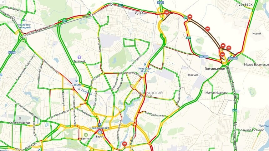 Большая Окружная, ул. Невского и Советский проспект встали в пробках - Новости Калининграда | Скриншот сервиса &quot;Яндекс.Пробки&quot;
