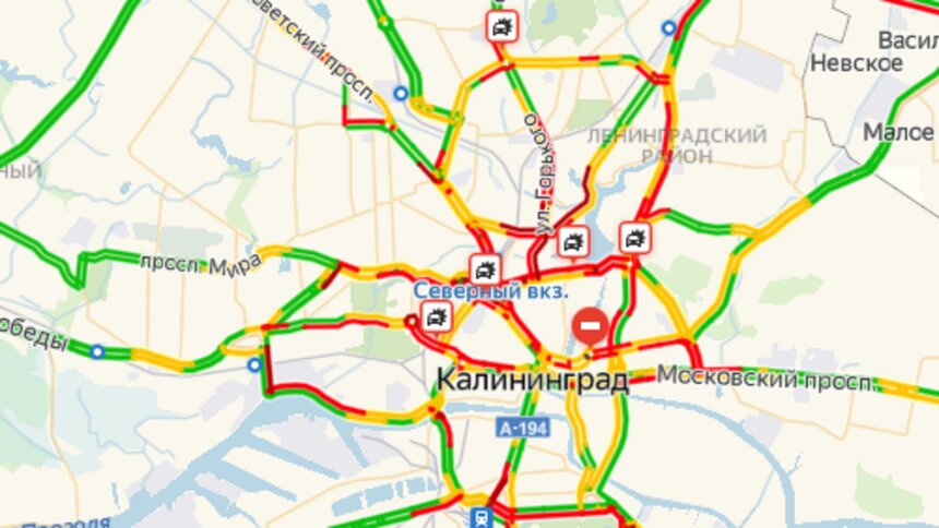 Час пик и пять ДТП: центр Калининграда встал в восьмибалльных пробках - Новости Калининграда | Скриншот страницы &quot;Яндекса&quot;