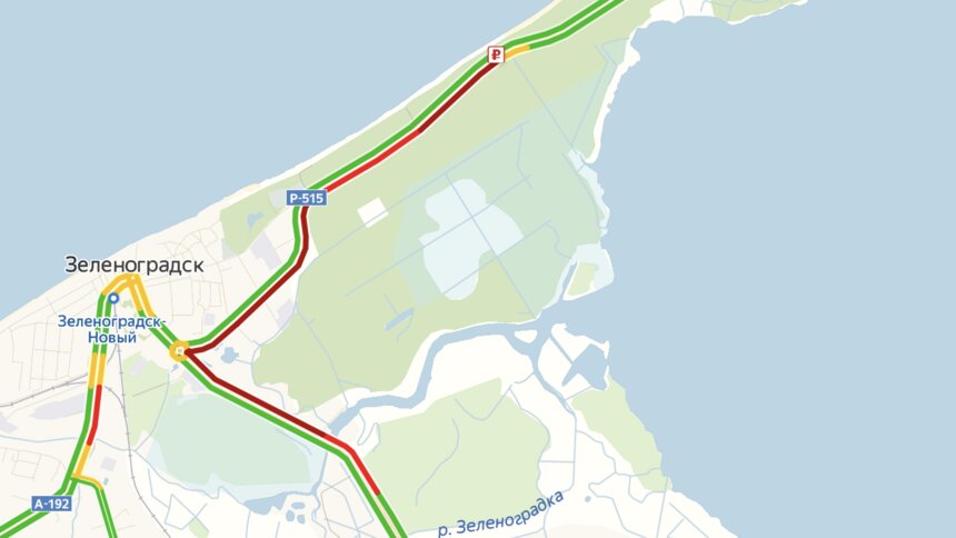 Под Зеленоградском образовалась пятикилометрая пробка в направлении Куршской косы - Новости Калининграда | Изображение: Яндекс. Пробки