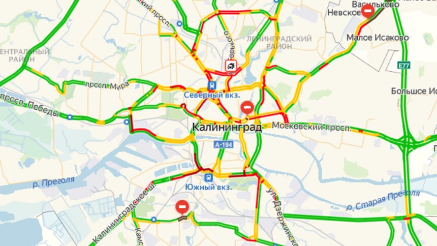 ДТП, дорожные работы и час пик: Калининград в стал в восьмибалльных пробках  - Новости Калининграда | Скриншот страницы Яндекса