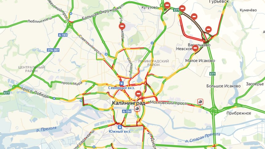 Калининград вечером в четверг встал в восьмибалльных пробках - Новости Калининграда | Изображение: скрин &quot;Яндекс. Пробки&quot;