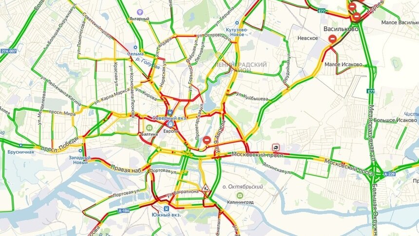 Во вторник вечером Калининград встал в восьмибальных пробках - Новости Калининграда | Скриншот сервиса &quot;Яндекс.Пробки&quot;