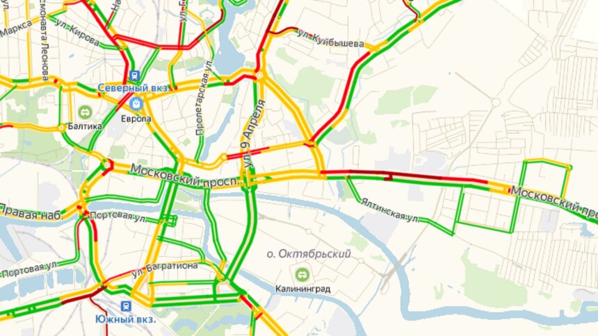 Моспроспект встал в пробке из-за перекрытий на острове Октябрьском   - Новости Калининграда | Скриншот страницы Яндекса