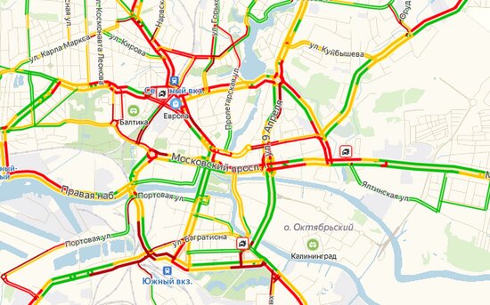Четыре ДТП в час пик: центр Калининграда встал в девятибалльных пробках   - Новости Калининграда | Скриншот страницы &quot;Яндекса&quot;