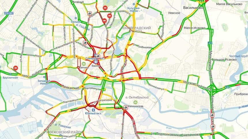 Час пик и шесть ДТП: Калининград встал в девятибалльных пробках - Новости Калининграда | Скриншот сервиса &quot;Яндекс. Пробки&quot;
