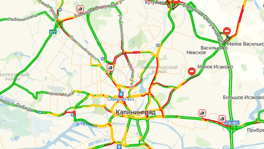 Окружная, Гайдара и Моспроспект: три улицы в Калининграде встали в пробках из-за четырёх ДТП - Новости Калининграда | Скриншот страницы &quot;Яндекса&quot;