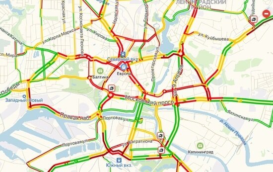 Калининград встал в девятибалльных пробках из-за четырёх ДТП   - Новости Калининграда | Скриншот страницы &quot;Яндекса&quot;