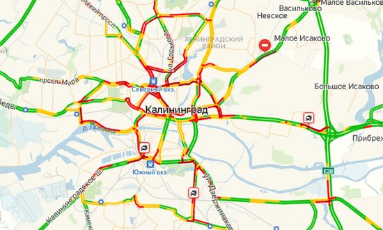 Час пик и три ДТП: Калининград вновь встал в девятибалльных пробках - Новости Калининграда | Скриншот страницы &quot;Яндекса&quot;