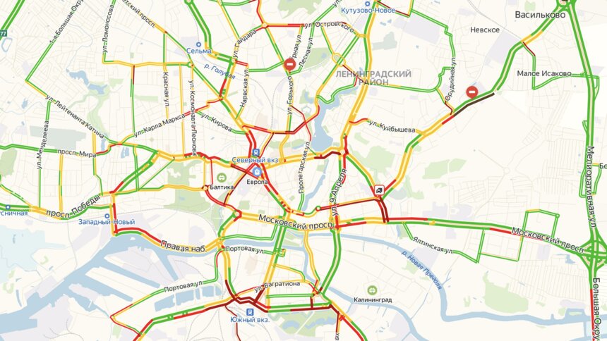 Калининград встал в девятибалльных пробках - Новости Калининграда | Изображение: скриншот сервиса &quot;Яндекс.Пробки&quot;
