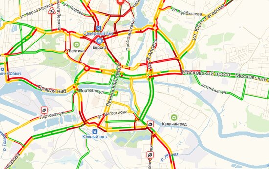 Час пик и четыре ДТП: центр Калининграда встал в девятибалльных пробках   - Новости Калининграда | Скриншот страницы &quot;Яндекса&quot;