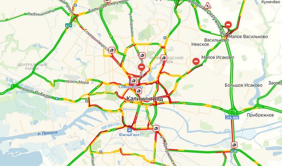 Калининград встал в девятибалльных пробках из-за девяти ДТП на самых оживлённых улицах - Новости Калининграда | Скриншот страницы &quot;Яндекса&quot;