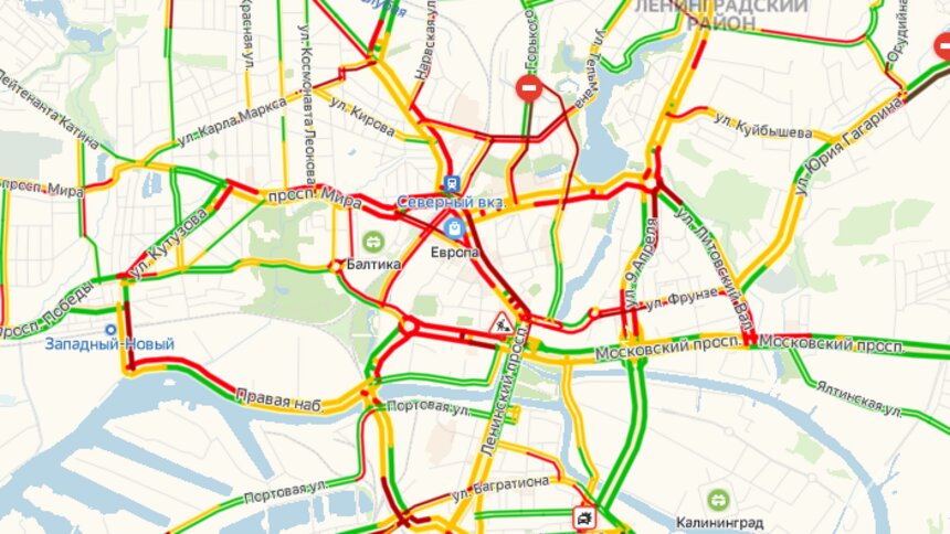 Девять баллов: Калининград встал в пробках  - Новости Калининграда | Скриншот страницы &quot;Яндекса&quot;