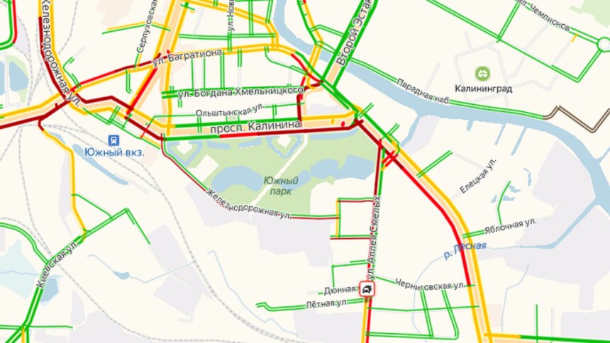 Из-за ДТП на Аллее Смелых три улицы встали в километровых пробках   - Новости Калининграда | Скриншот страницы &quot;Яндекса&quot;