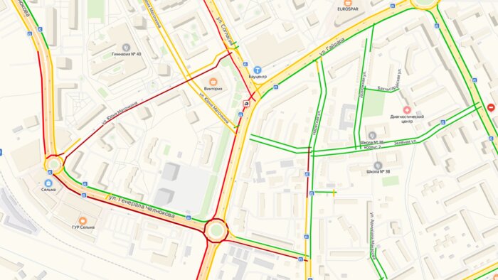 Сельма встала в пробках из-за ДТП на ул. Гайдара - Новости Калининграда | Скриншот сервиса &quot;Яндекс.Пробки&quot;