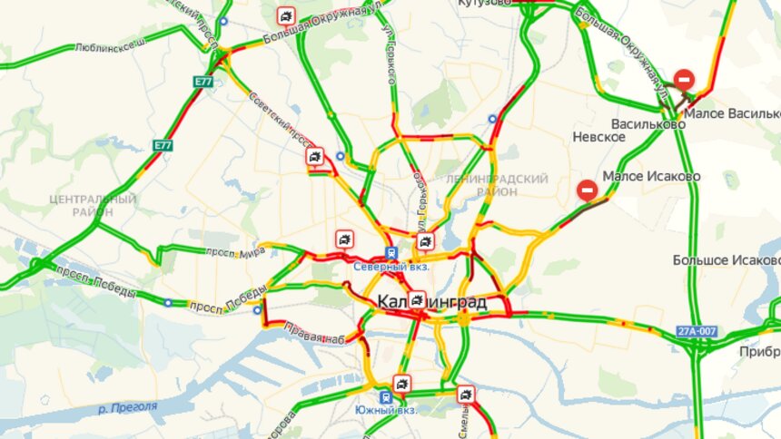 Калининград встал в восьмибалльных пробках из-за семи ДТП на самых оживлённых улицах - Новости Калининграда | Скриншот страницы &quot;Яндекса&quot;