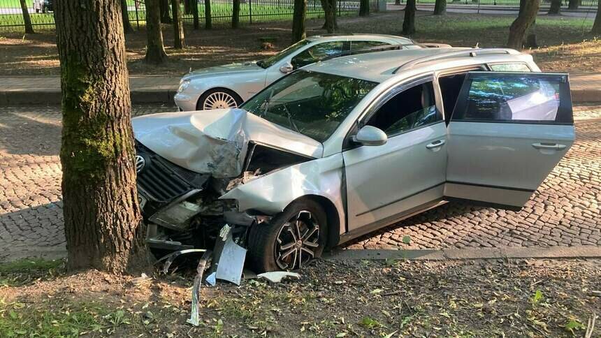 На Каштановой аллее в Калининграде Volkswagen врезался в дерево (фото)  - Новости Калининграда | Фото: читатель &quot;Клопс&quot;