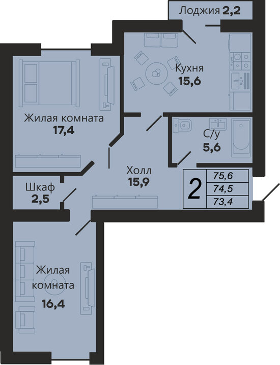 Один из вариантов планировки двухкомнатной квартиры