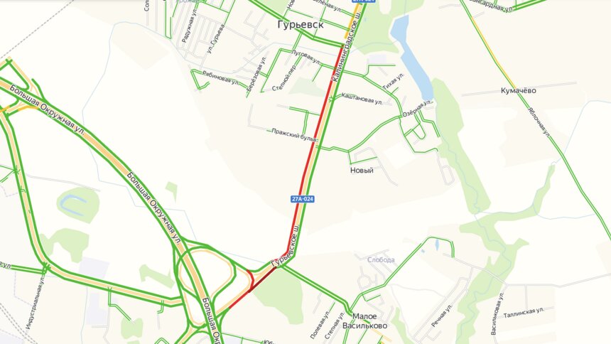 В Гурьевске образовалась пробка на выезд - Новости Калининграда | Изображение: скриншот сервиса &quot;Яндекс.Карты&quot;