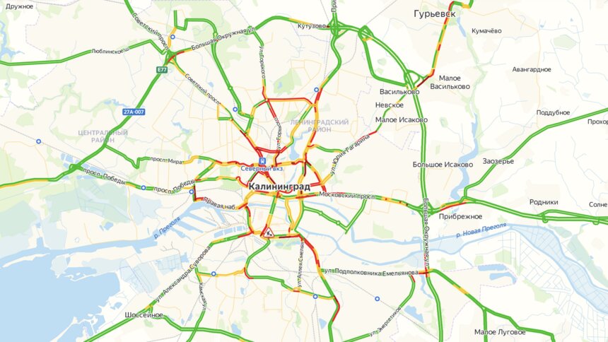 Калининград вечером в среду встал в восьмибалльных пробках - Новости Калининграда | Изображение: скриншот сервиса &quot;Яндекс.Карты&quot;