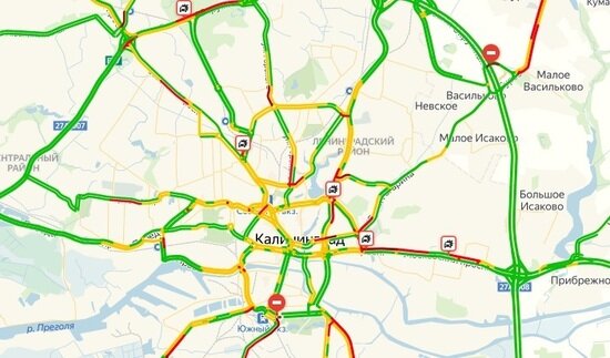 Моспроспект встал в двухкилометровой пробке из-за ДТП на перекрёстке с Литовским Валом   - Новости Калининграда | Скриншот страницы &quot;Яндекса&quot;