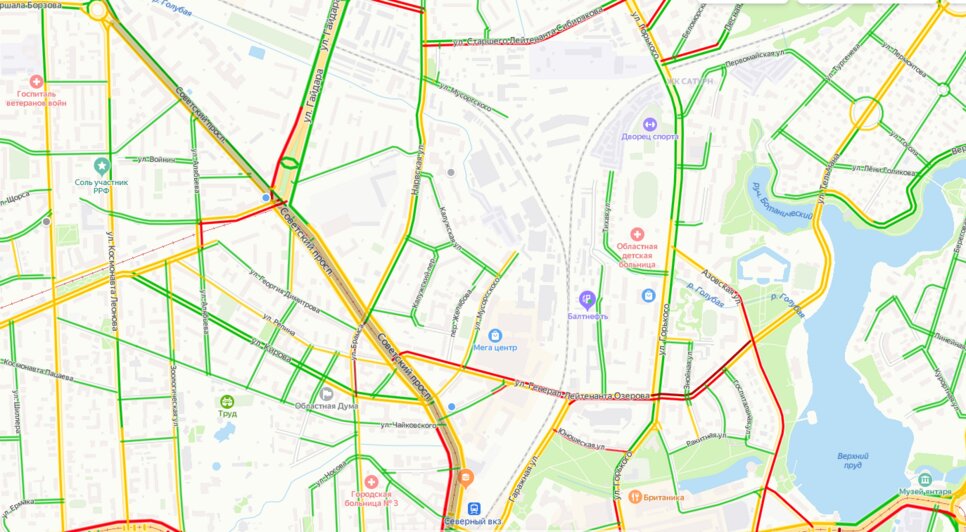 На Советском проспекте отключили светофоры, собираются пробки на перекрёстках - Новости Калининграда | Изображение: скриншот сервиса &quot;Яндекс.Пробки&quot;