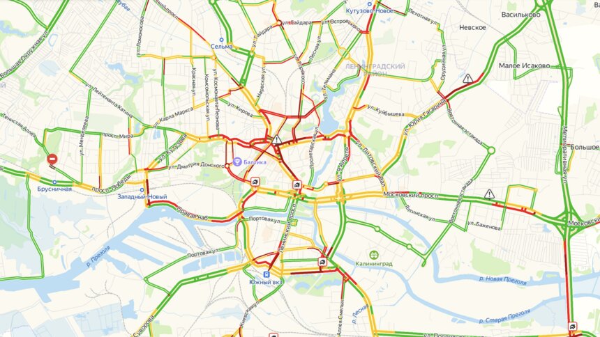 Калининград встал в восьмибалльных пробках - Новости Калининграда | Изображение: скриншот сервиса &quot;Яндекс.Карты&quot;