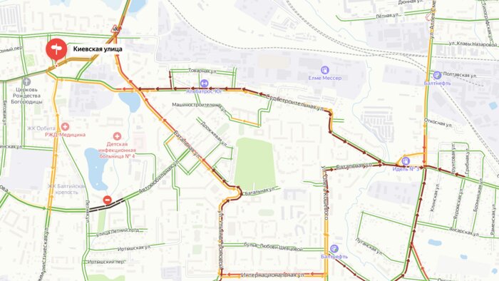 В Калининграде из-за ремонта моста на Киевской встали несколько улиц - Новости Калининграда | Скриншот сервиса &quot;Яндекс.Пробки&quot;