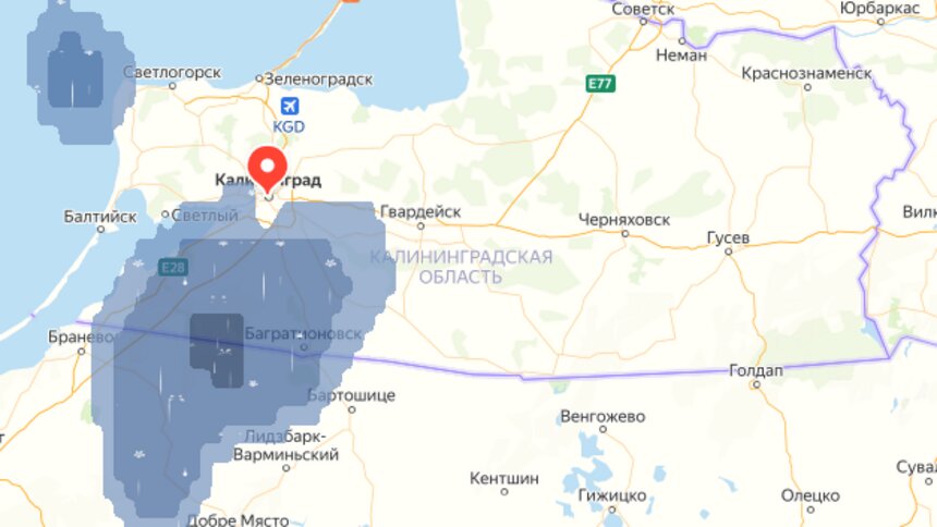 В Калининградской области ожидается гроза - Новости Калининграда | Скриншот сервиса «Яндекс. Карты»