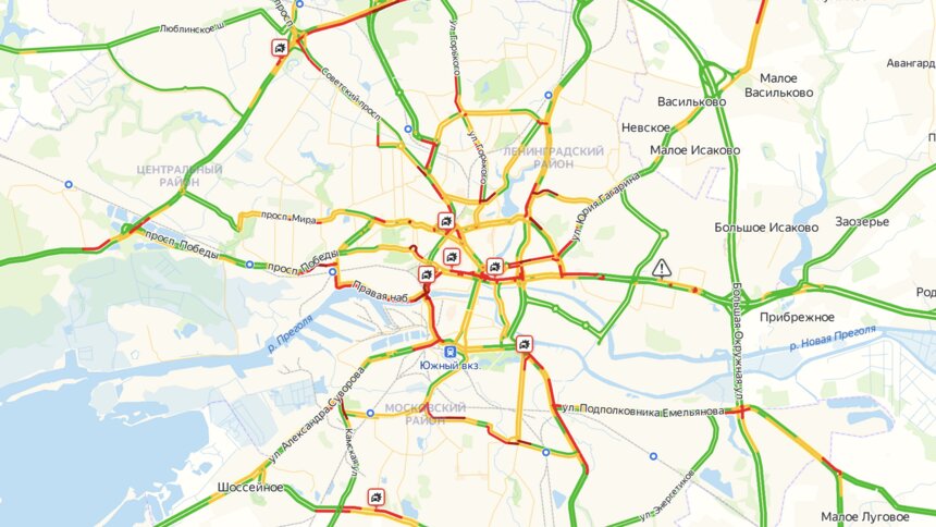 Калининград встал в семибалльных пробках из-за нескольких ДТП и непогоды - Новости Калининграда | Изображение: скриншот сервиса &quot;Яндекс.Карты&quot;