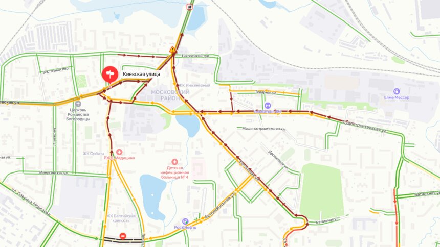 Московский район Калининграда встал в пробке из-за аварии на Киевской  - Новости Калининграда | Скриншот сервиса «Яндекс. Карты»