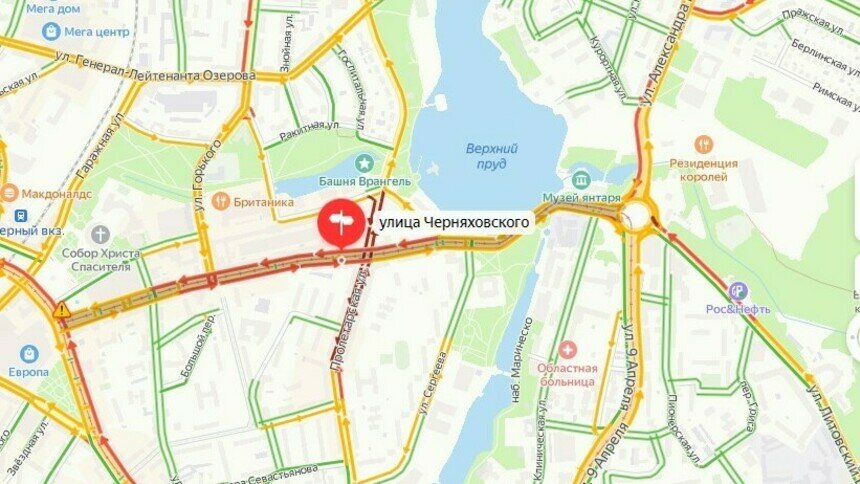 Перекрёсток Пролетарская — Черняховского встал в пробке из-за отключенного светофора - Новости Калининграда | Скриншот сервиса «Яндекс. Карты»