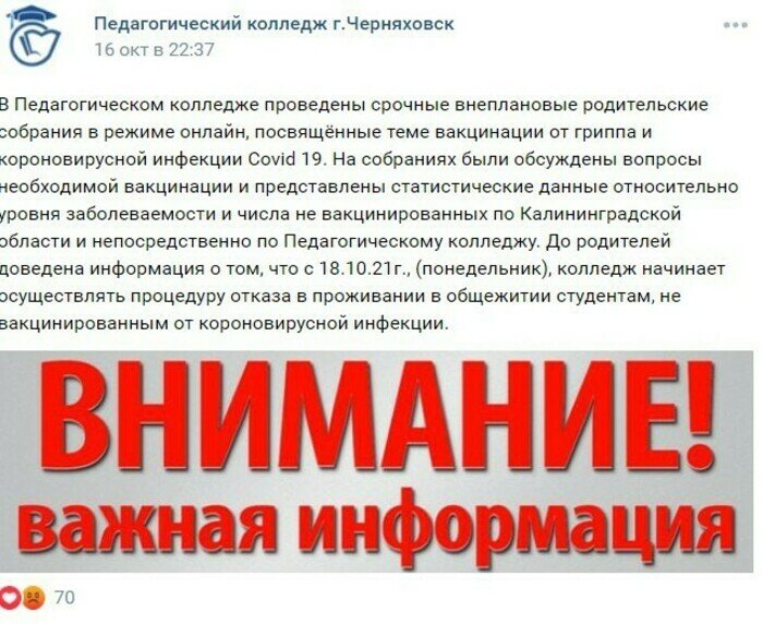 В правительстве прокомментировали отказ в общежитии непривитым студентам черняховского колледжа - Новости Калининграда | Фото: скриншот объявления