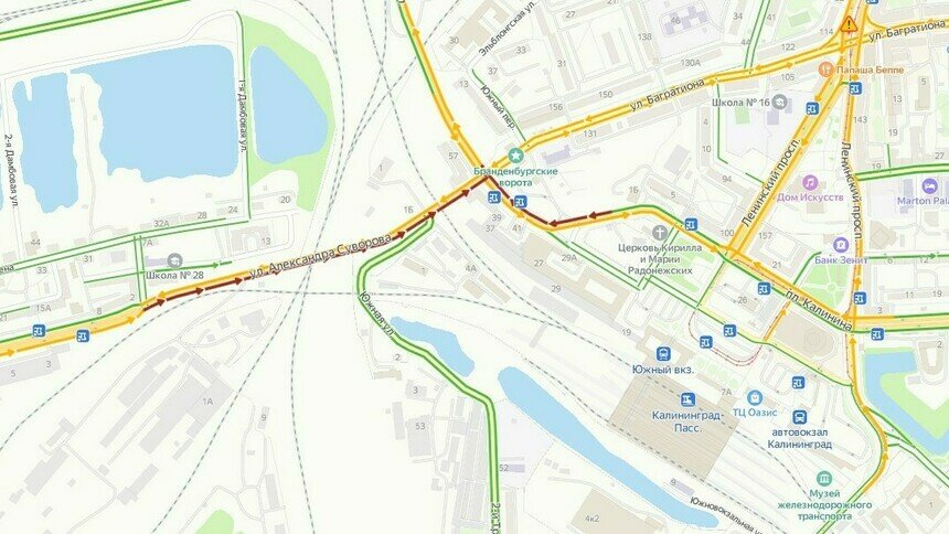 Въезд на двухъярусный мост утром во вторник встал в пробке - Новости Калининграда | Скриншот сервиса «Яндекс. Карты»