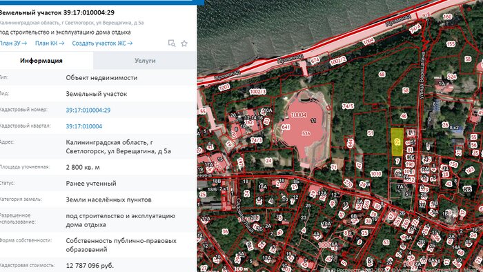 В Светлогорске расширят парк рядом с «Янтарь-холлом»  - Новости Калининграда | Фото: скриншот публичной кадастровой карты
