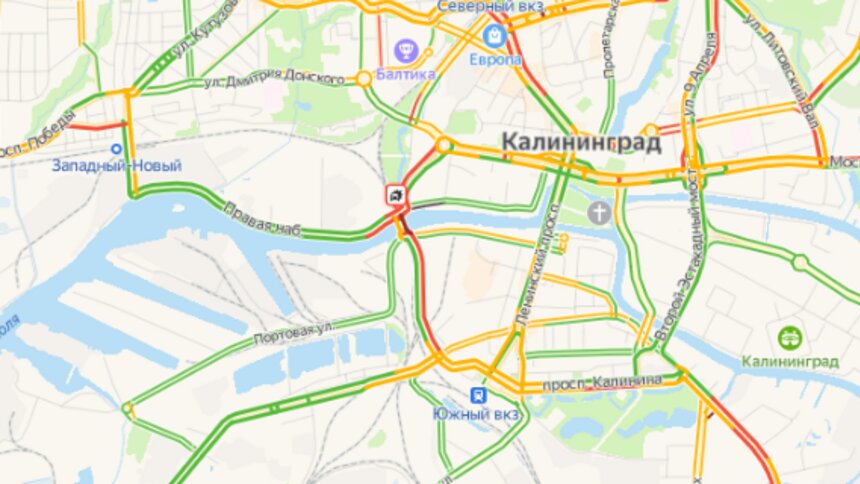 На Правой набережной и Железнодорожной второй день подряд из-за аварии собирается пробка - Новости Калининграда | Скриншот сервиса «Яндекс. Карты»