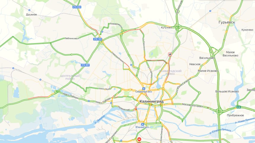 В Калининграде в среду днём в километровых пробках встали дороги на выезд к морю - Новости Калининграда | Скриншот сервиса «Яндекс. Карты»