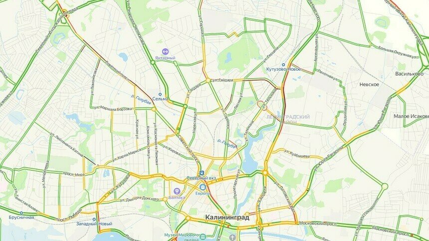 В Калининграде утром в четверг дороги на выезд к морю встали в пробках - Новости Калининграда | Скриншот сервиса «Яндекс. Карты»