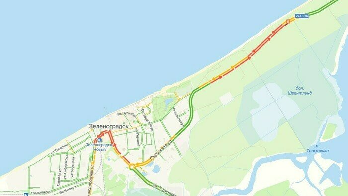 Въезды в Светлогорск и на Куршскую косу в пятницу днём встали в пробках - Новости Калининграда | Скриншот сервиса «Яндекс. Карты»