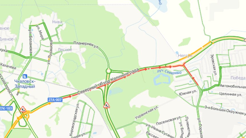 На Северном обходе Калининграда второй день подряд собирается пробка в несколько километров - Новости Калининграда | Скриншот сервиса «Яндекс. Карты»