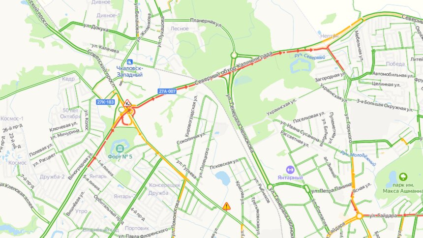 На Северном обходе собралась четырёхкилометровая пробка - Новости Калининграда | Скриншот сервиса «Яндекс. Карты»