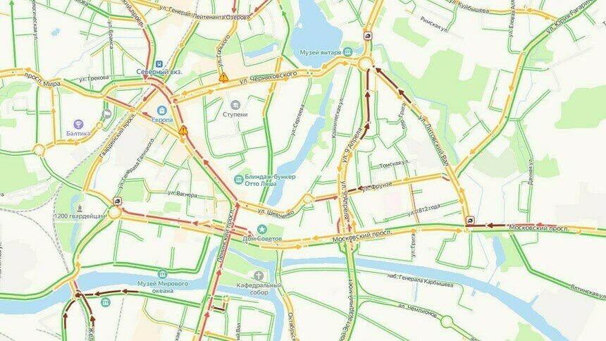 Парализованный центр: Калининград утром в пятницу встал в километровых пробках - Новости Калининграда | Скриншот сервиса «Яндекс. Карты»