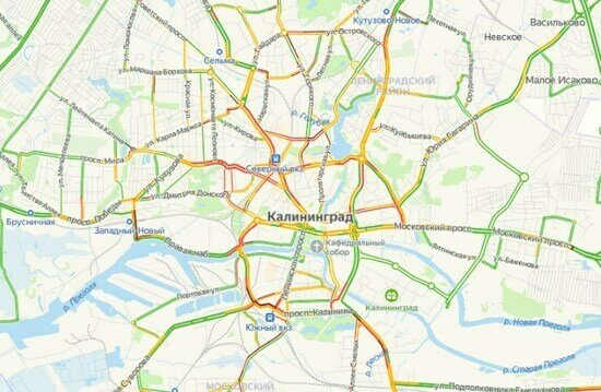 Во вторник вечером Калининград встал в восьмибалльных пробках - Новости Калининграда | Фото: Скриншот с сервиса «Яндекс.Карты»