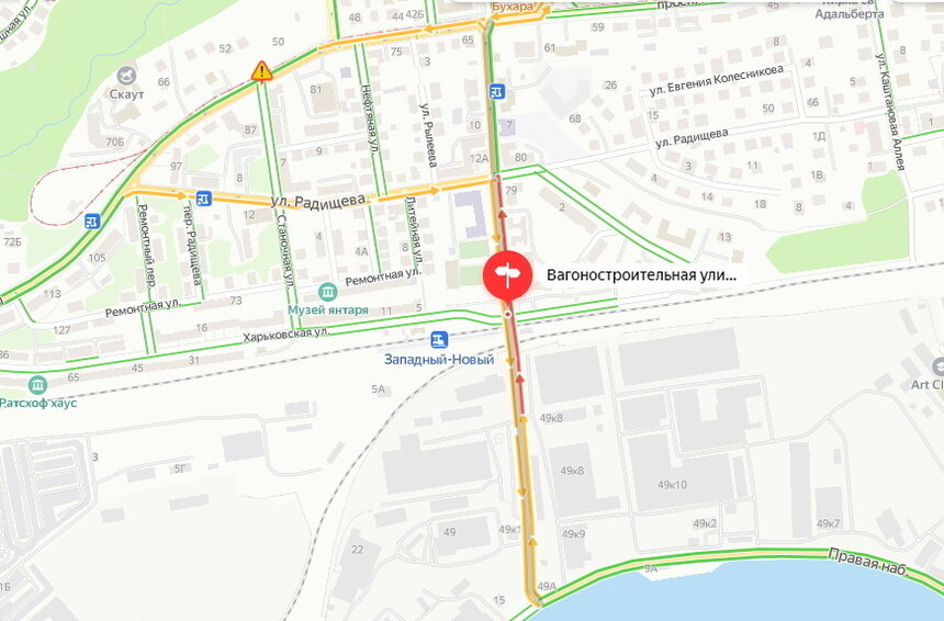 На Вагоностроительной из-за ремонта моста в очередной раз закрыли часть дороги - Новости Калининграда | Скриншот сервиса &quot;Яндекс.Карты&quot;