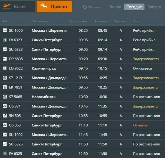 В Храброво третий день подряд задерживается прибытие нескольких самолётов - Новости Калининграда | Скриншот онлайн-табло Храброво