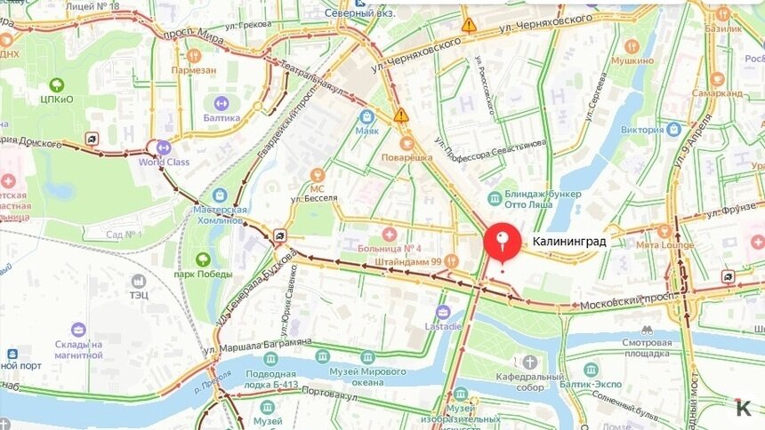 В Калининграде из-за обрыва контактной сети в начале Московского встали троллейбусы - Новости Калининграда | Скриншот сервиса &quot;Яндекс.Карты&quot;